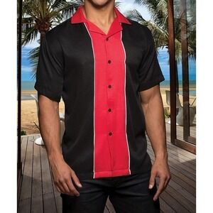 VTG Hilton Bowling Shirt Black Red‎ Color Block Button Up Mens Sz XL